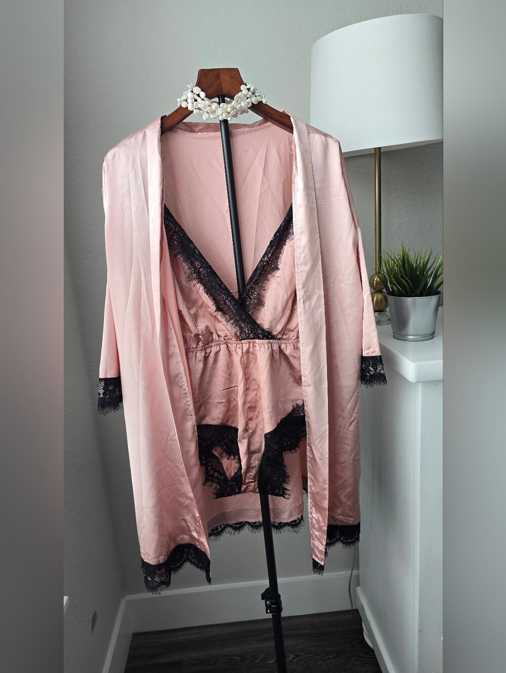Blush Pink Satin Lace Teddy Bodysuit & Kimono Robe Set 2pc